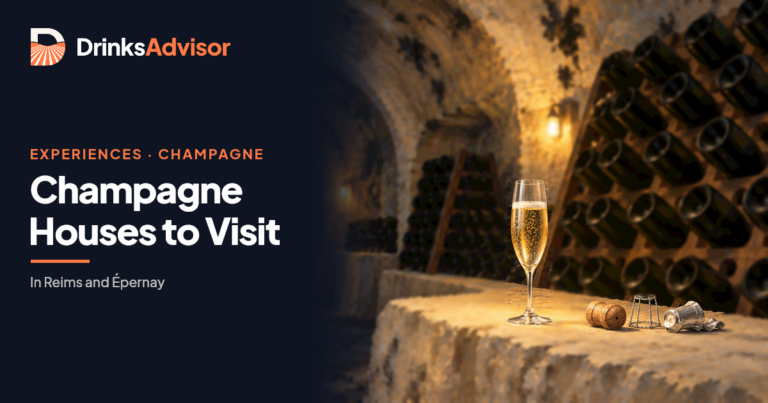 Illustrated cellar visit at one of the Champagne houses in Reims and Épernay: a freshly poured flute beside riddling racks in a chalk gallery