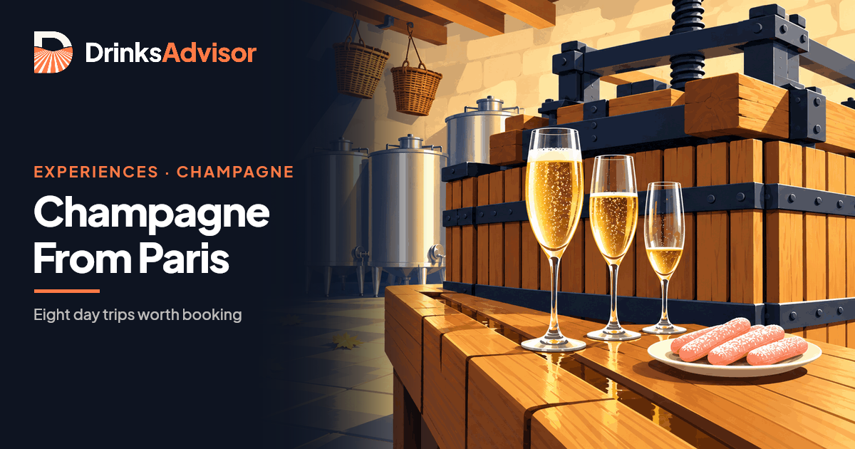 Illustrated grower visit on Champagne tours from Paris: three freshly poured flutes on the rim of a traditional wooden press, steel tanks in the pressing room behind