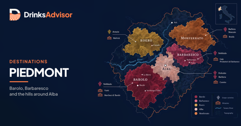 Illustrated map of the Piedmont wine region: Barolo, Barbaresco, the Roero and the Langhe hills around Alba
