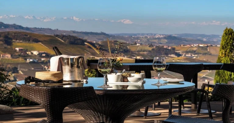 Barolo Hotels: the view over Langhe vineyards from the terrace at Il Boscareto Resort & Spa